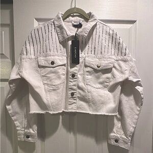 Bebe White Denim - Jean Jacket with jewels - gems. NWT - SZ:L